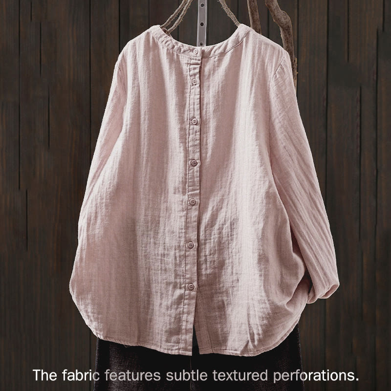 Buddha Stones Herbst-Baumwollhemd mit Rundhalsausschnitt, Knopfleiste am Rücken und langen Ärmeln - image 1