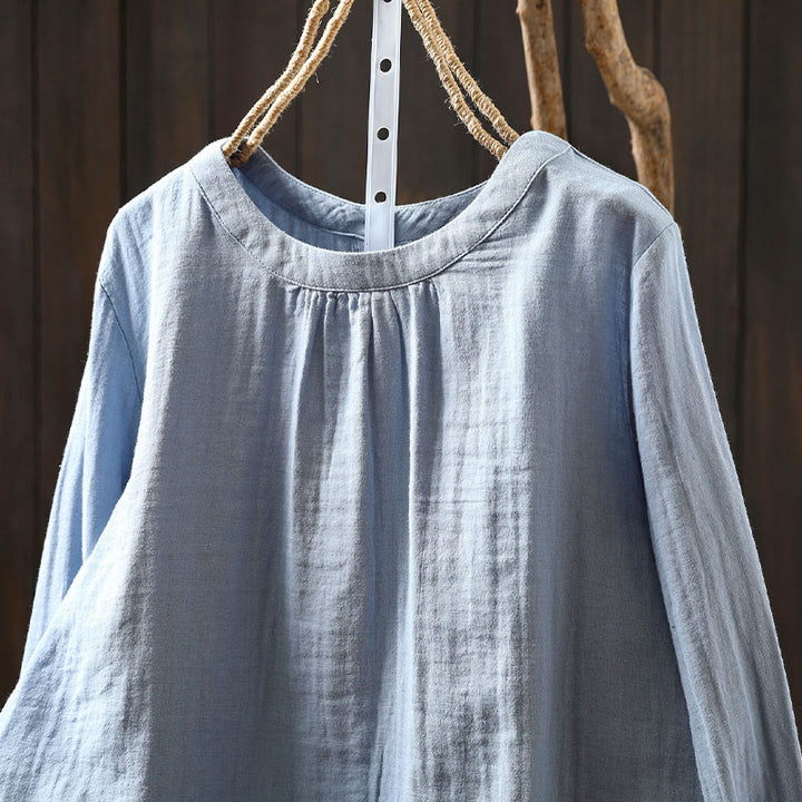 Buddha Stones Herbst-Baumwollhemd mit Rundhalsausschnitt, Knopfleiste am Rücken und langen Ärmeln - image 12