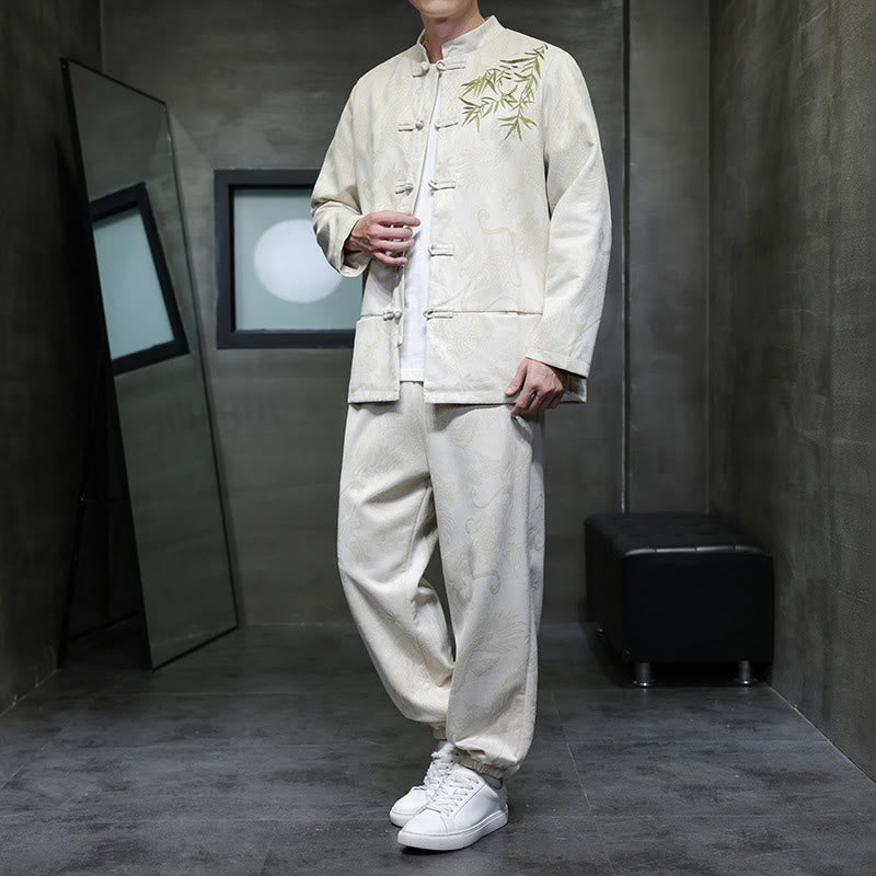 Buddha Stones 2-teiliges Frühlingsdrachen-Bambuswolken Herren Tang Anzug Froschknopf Baumwolle Langarm Jacke Hose Set mit Taschen - Leinen - US/ UK/AU46, EU56 (5XL) - image 0