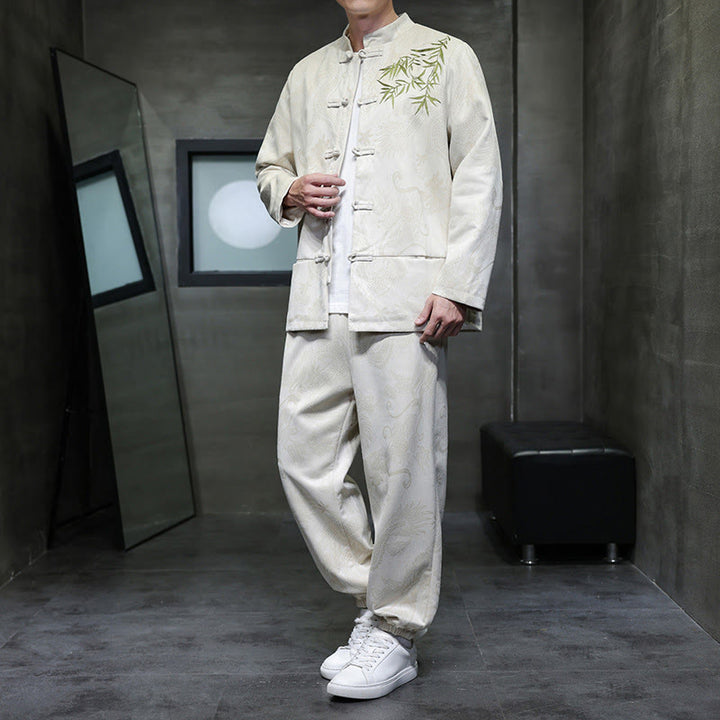 Buddha Stones 2-teiliges Frühlingsdrachen-Bambuswolken Herren Tang Anzug Froschknopf Baumwolle Langarm Jacke Hose Set mit Taschen - Leinen - US/ UK/AU46, EU56 (5XL) - image 0