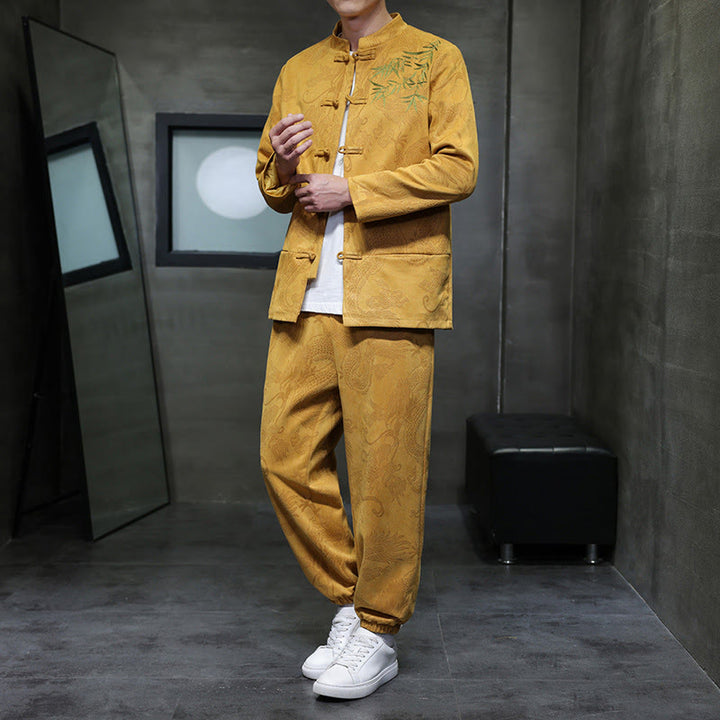 Buddha Stones 2-teiliges Frühlingsdrachen-Bambuswolken Herren Tang Anzug Froschknopf Baumwolle Langarm Jacke Hose Set mit Taschen - Gold - US/ UK/AU46, EU56 (5XL) - image 8