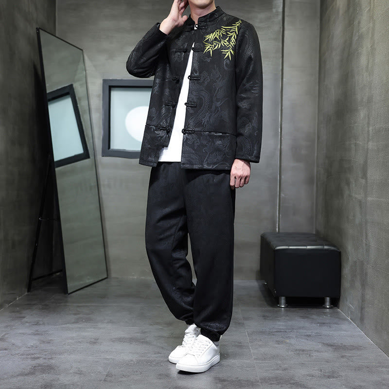 Buddha Stones 2-teiliges Frühlingsdrachen-Bambuswolken Herren Tang Anzug Froschknopf Baumwolle Langarm Jacke Hose Set mit Taschen - Schwarz - US/ UK/AU46, EU56 (5XL) - image 21