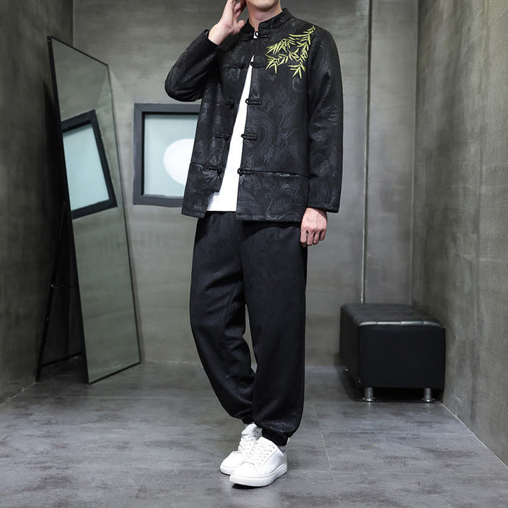 Buddha Stones 2-teiliges Frühlingsdrachen-Bambuswolken Herren Tang Anzug Froschknopf Baumwolle Langarm Jacke Hose Set mit Taschen - Schwarz - US/ UK/AU46, EU56 (5XL) - image 21