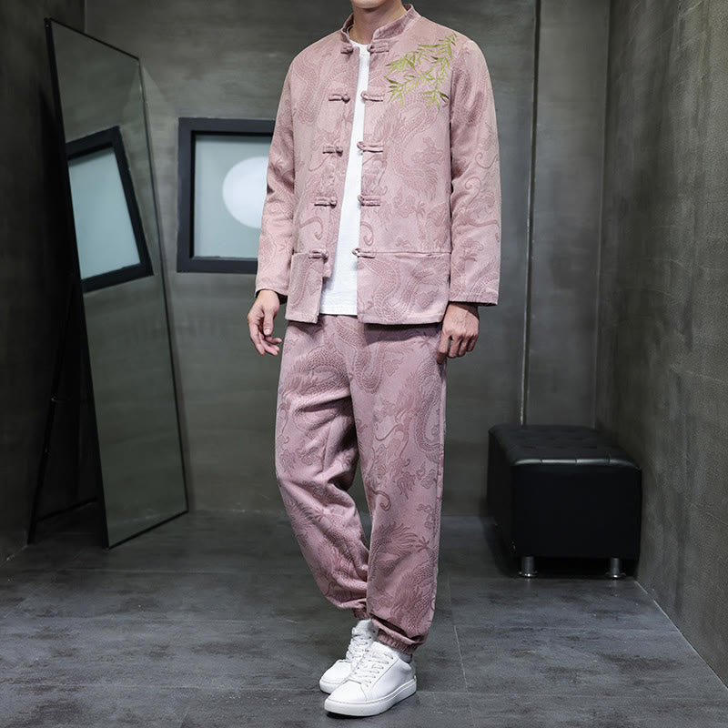 Buddha Stones 2-teiliges Frühlingsdrachen-Bambuswolken Herren Tang Anzug Froschknopf Baumwolle Langarm Jacke Hose Set mit Taschen - MistyRose - US/ UK/AU46, EU56 (5XL) - image 30