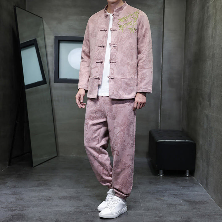 Buddha Stones 2-teiliges Frühlingsdrachen-Bambuswolken Herren Tang Anzug Froschknopf Baumwolle Langarm Jacke Hose Set mit Taschen - MistyRose - US/ UK/AU46, EU56 (5XL) - image 30