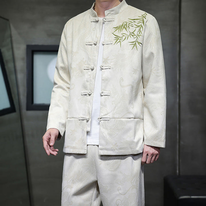 Buddha Stones 2-teiliges Frühlingsdrachen-Bambuswolken Herren Tang Anzug Froschknopf Baumwolle Langarm Jacke Hose Set mit Taschen - image 6