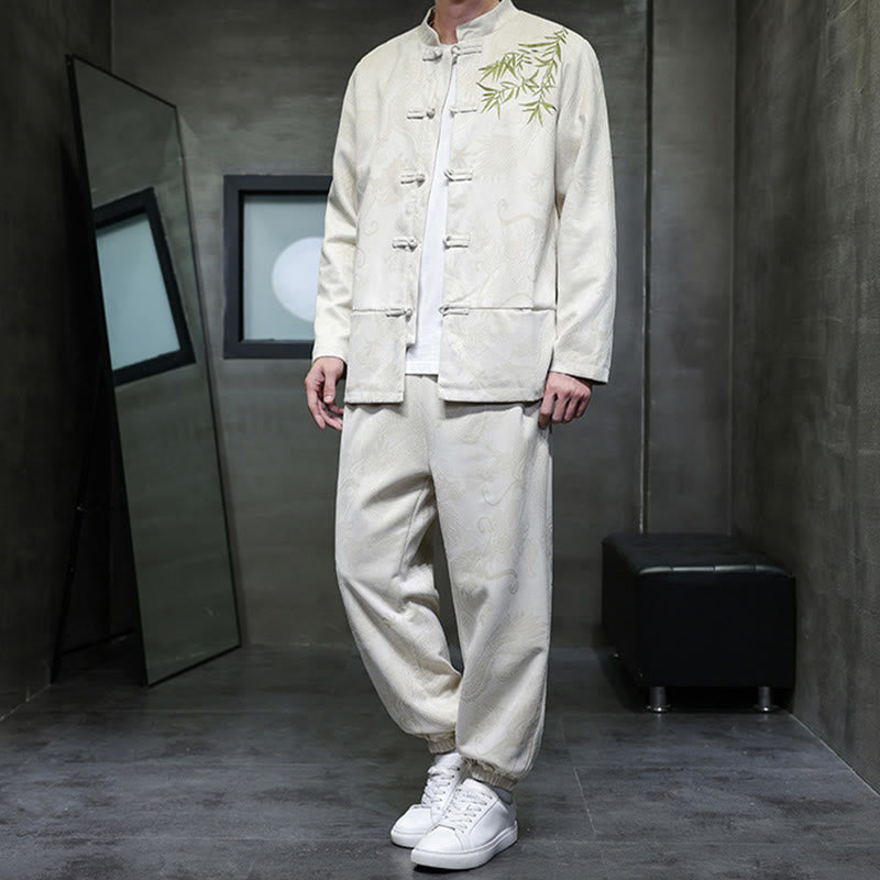 Buddha Stones 2-teiliges Frühlingsdrachen-Bambuswolken Herren Tang Anzug Froschknopf Baumwolle Langarm Jacke Hose Set mit Taschen - image 5