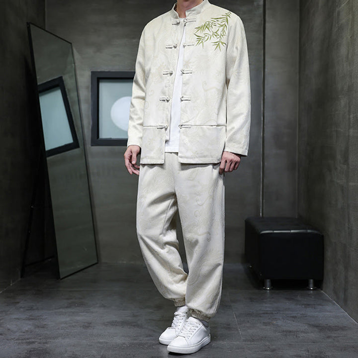 Buddha Stones 2-teiliges Frühlingsdrachen-Bambuswolken Herren Tang Anzug Froschknopf Baumwolle Langarm Jacke Hose Set mit Taschen - image 5