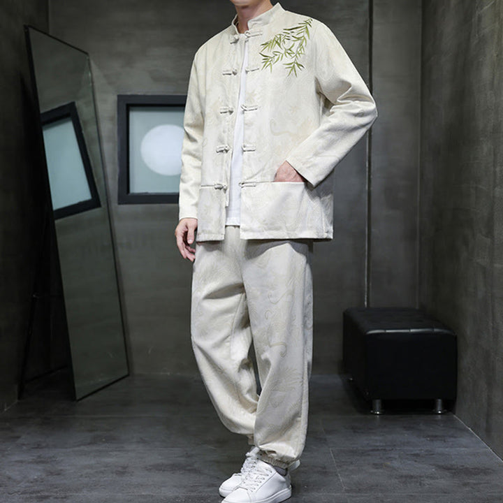 Buddha Stones 2-teiliges Frühlingsdrachen-Bambuswolken Herren Tang Anzug Froschknopf Baumwolle Langarm Jacke Hose Set mit Taschen - image 4