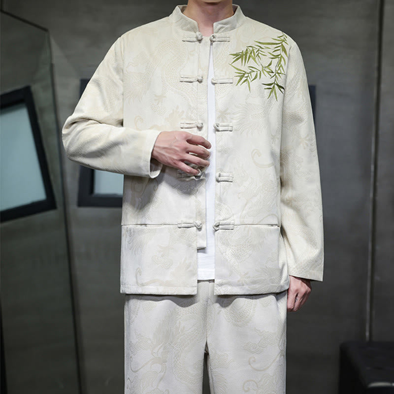 Buddha Stones 2-teiliges Frühlingsdrachen-Bambuswolken Herren Tang Anzug Froschknopf Baumwolle Langarm Jacke Hose Set mit Taschen - image 7