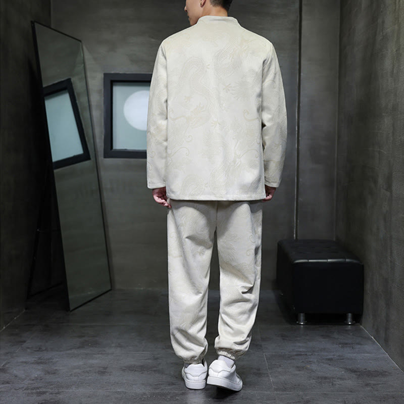 Buddha Stones 2-teiliges Frühlingsdrachen-Bambuswolken Herren Tang Anzug Froschknopf Baumwolle Langarm Jacke Hose Set mit Taschen - image 3