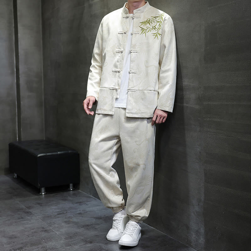 Buddha Stones 2-teiliges Frühlingsdrachen-Bambuswolken Herren Tang Anzug Froschknopf Baumwolle Langarm Jacke Hose Set mit Taschen - image 1