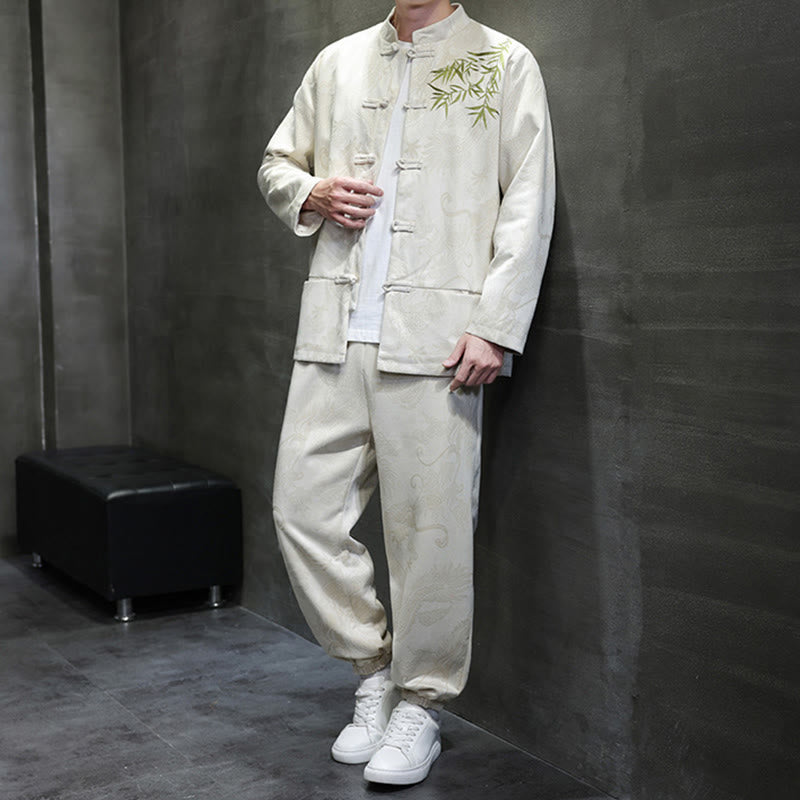 Buddha Stones 2-teiliges Frühlingsdrachen-Bambuswolken Herren Tang Anzug Froschknopf Baumwolle Langarm Jacke Hose Set mit Taschen - image 2