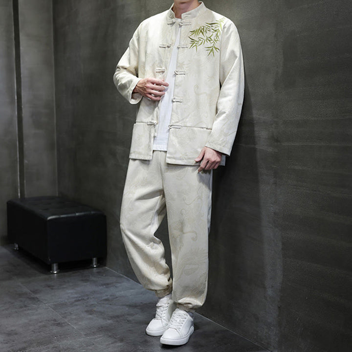 Buddha Stones 2-teiliges Frühlingsdrachen-Bambuswolken Herren Tang Anzug Froschknopf Baumwolle Langarm Jacke Hose Set mit Taschen - image 2