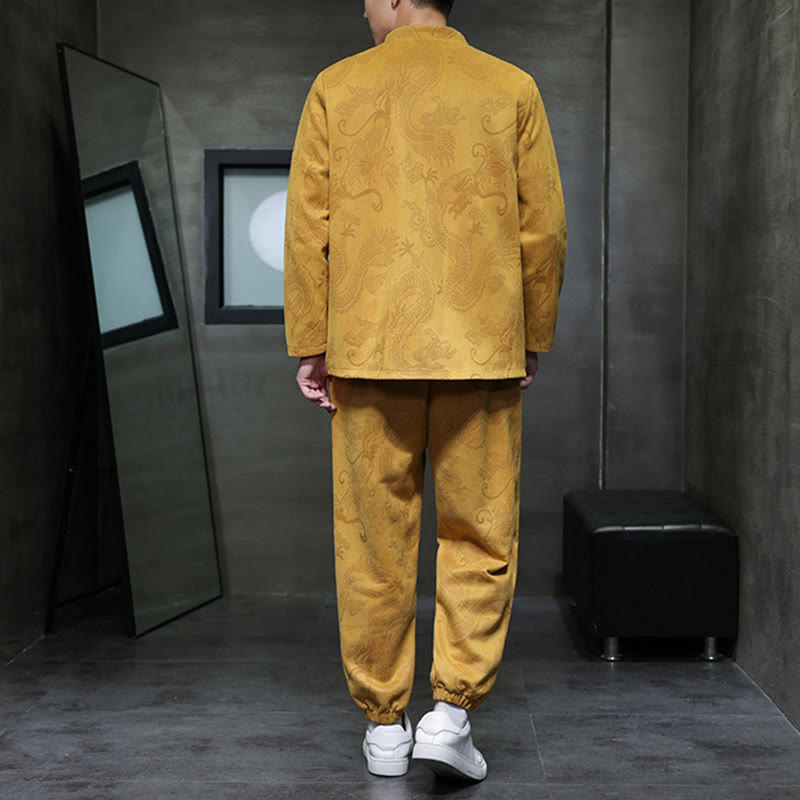 Buddha Stones 2-teiliges Frühlingsdrachen-Bambuswolken Herren Tang Anzug Froschknopf Baumwolle Langarm Jacke Hose Set mit Taschen - image 11