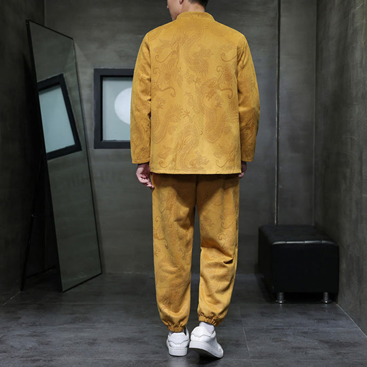 Buddha Stones 2-teiliges Frühlingsdrachen-Bambuswolken Herren Tang Anzug Froschknopf Baumwolle Langarm Jacke Hose Set mit Taschen - image 11