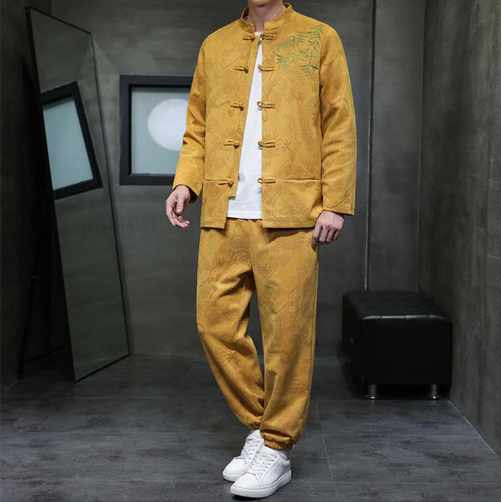 Buddha Stones 2-teiliges Frühlingsdrachen-Bambuswolken Herren Tang Anzug Froschknopf Baumwolle Langarm Jacke Hose Set mit Taschen - image 9