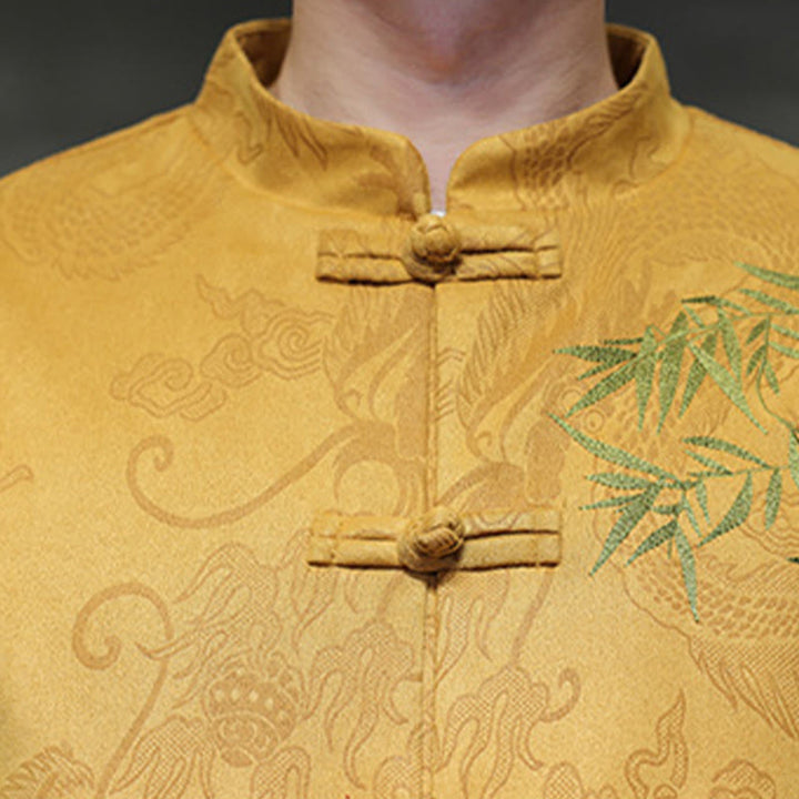 Buddha Stones 2-teiliges Frühlingsdrachen-Bambuswolken Herren Tang Anzug Froschknopf Baumwolle Langarm Jacke Hose Set mit Taschen - image 18