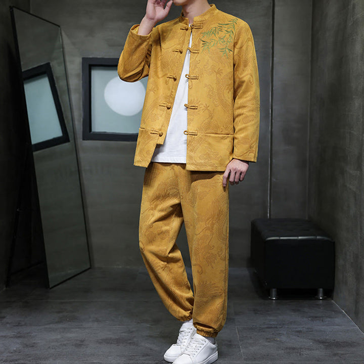 Buddha Stones 2-teiliges Frühlingsdrachen-Bambuswolken Herren Tang Anzug Froschknopf Baumwolle Langarm Jacke Hose Set mit Taschen - image 14