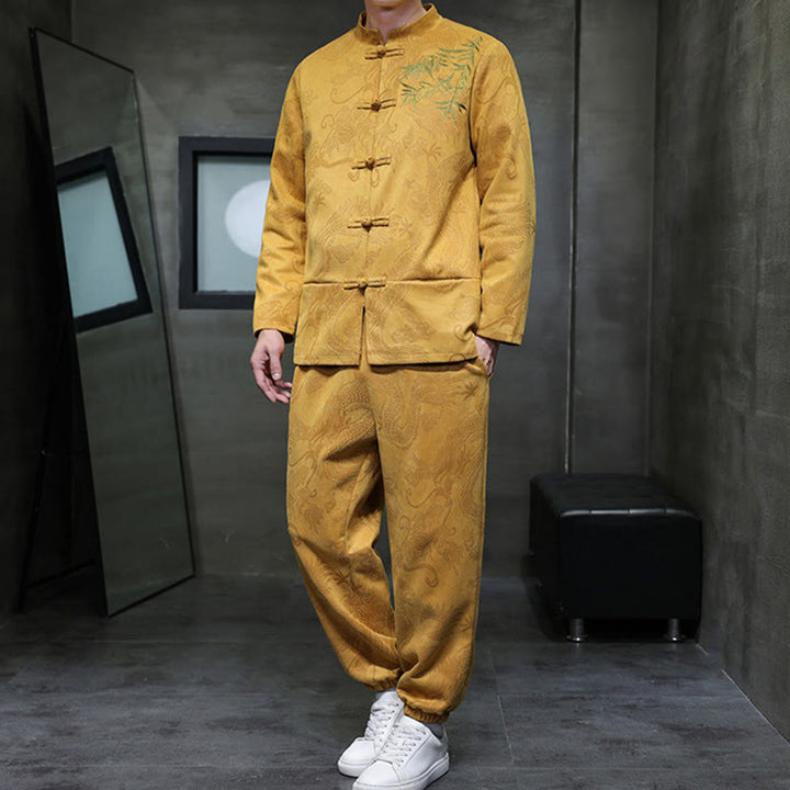 Buddha Stones 2-teiliges Frühlingsdrachen-Bambuswolken Herren Tang Anzug Froschknopf Baumwolle Langarm Jacke Hose Set mit Taschen - image 10