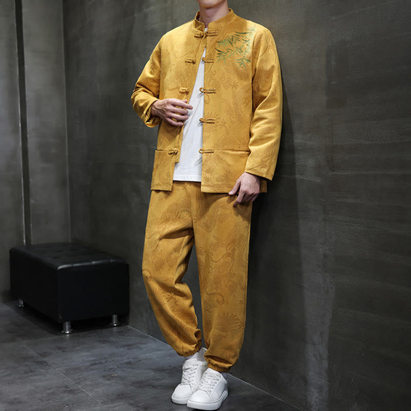 Buddha Stones 2-teiliges Frühlingsdrachen-Bambuswolken Herren Tang Anzug Froschknopf Baumwolle Langarm Jacke Hose Set mit Taschen - image 13