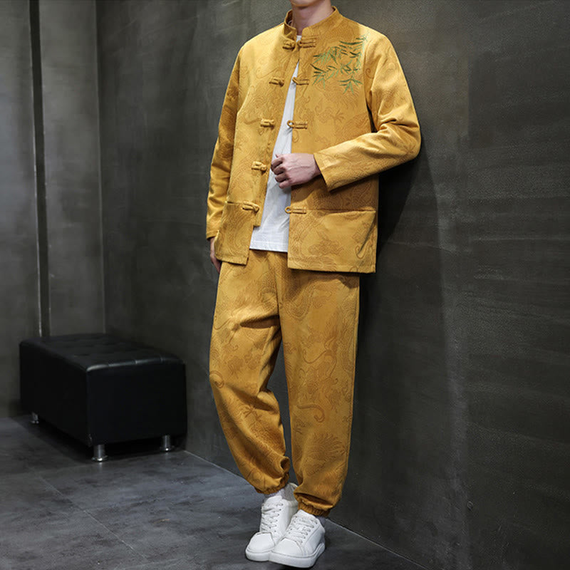 Buddha Stones 2-teiliges Frühlingsdrachen-Bambuswolken Herren Tang Anzug Froschknopf Baumwolle Langarm Jacke Hose Set mit Taschen - image 12