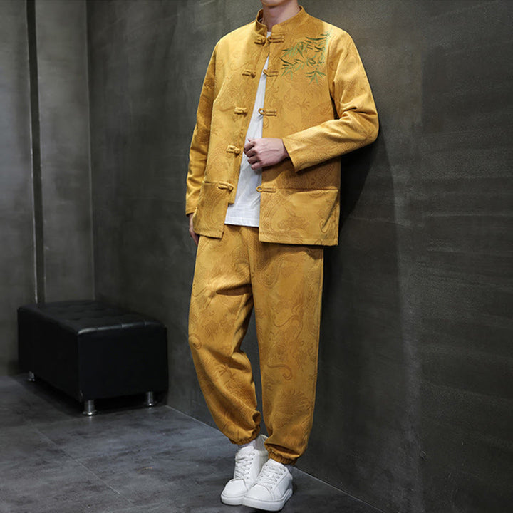 Buddha Stones 2-teiliges Frühlingsdrachen-Bambuswolken Herren Tang Anzug Froschknopf Baumwolle Langarm Jacke Hose Set mit Taschen - image 12