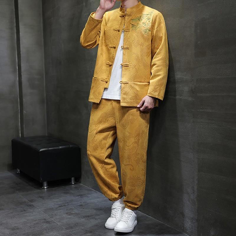 Buddha Stones 2-teiliges Frühlingsdrachen-Bambuswolken Herren Tang Anzug Froschknopf Baumwolle Langarm Jacke Hose Set mit Taschen - image 16