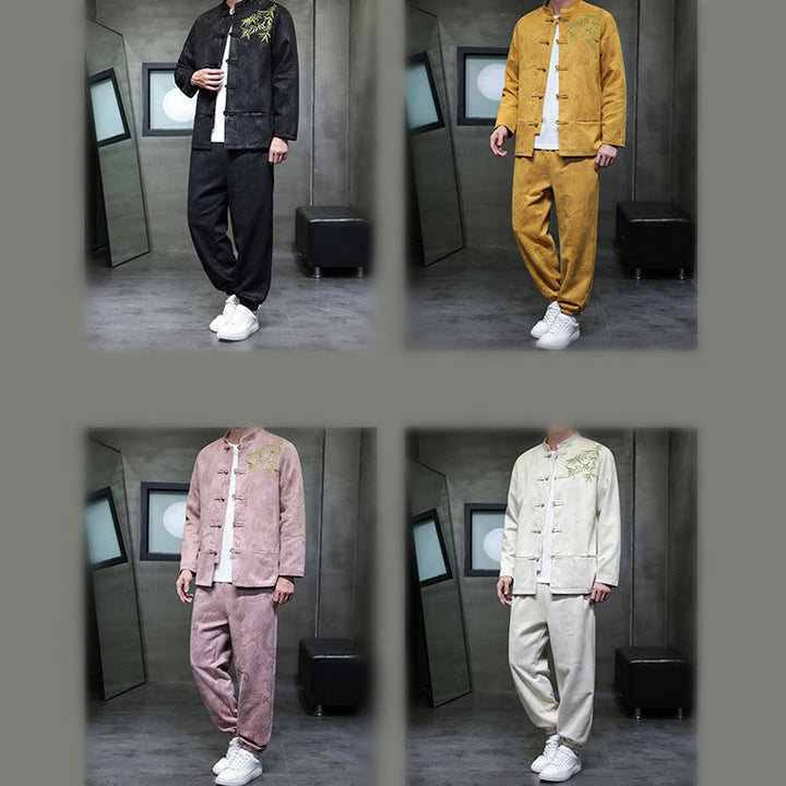 Buddha Stones 2-teiliges Frühlingsdrachen-Bambuswolken Herren Tang Anzug Froschknopf Baumwolle Langarm Jacke Hose Set mit Taschen - image 39