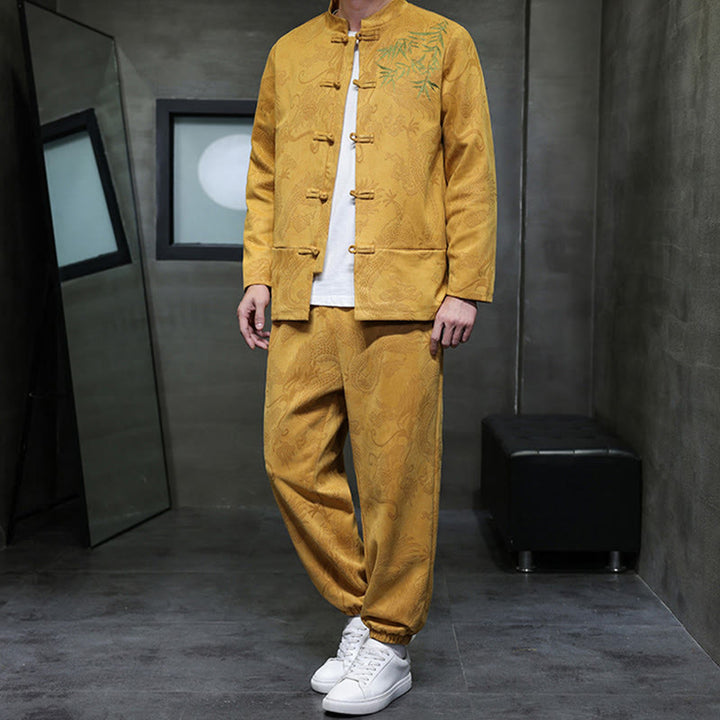 Buddha Stones 2-teiliges Frühlingsdrachen-Bambuswolken Herren Tang Anzug Froschknopf Baumwolle Langarm Jacke Hose Set mit Taschen - image 15