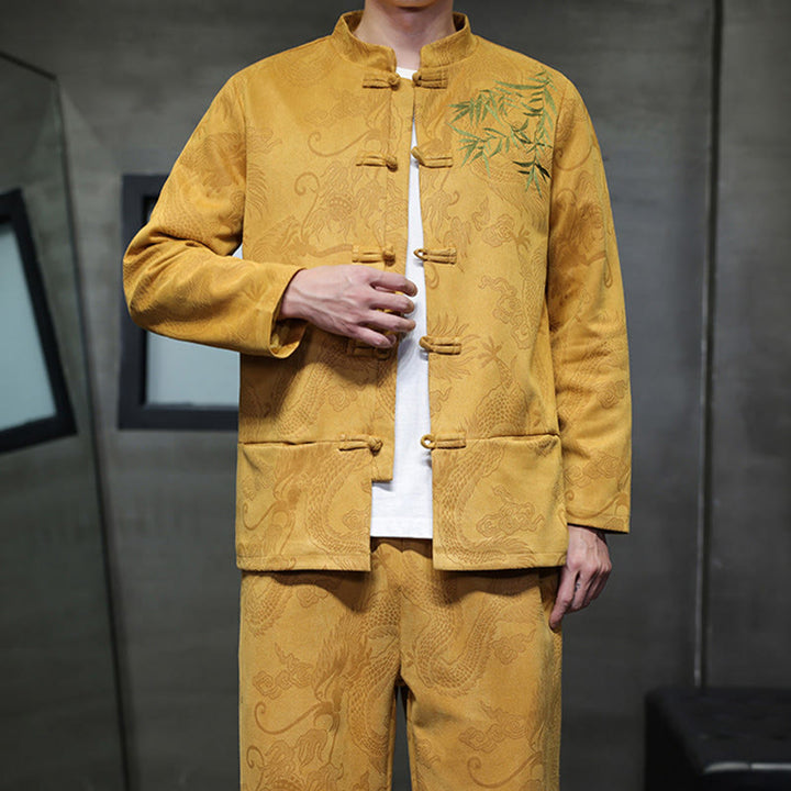 Buddha Stones 2-teiliges Frühlingsdrachen-Bambuswolken Herren Tang Anzug Froschknopf Baumwolle Langarm Jacke Hose Set mit Taschen - image 17