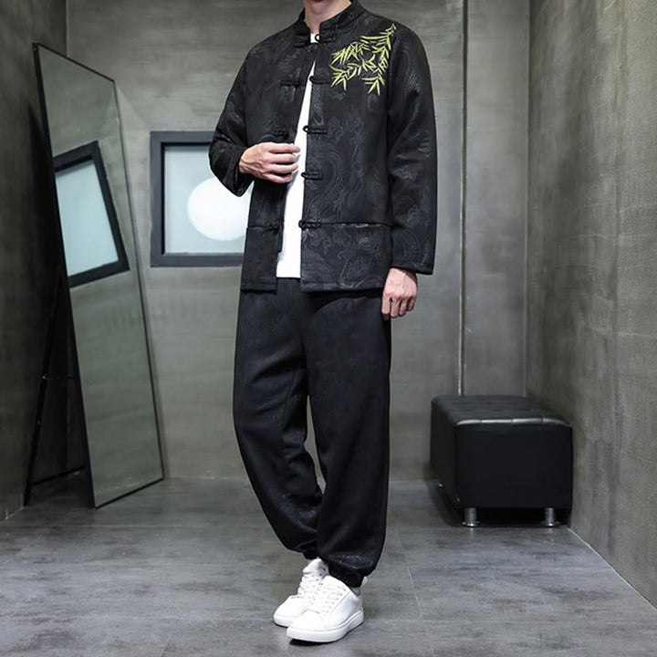 Buddha Stones 2-teiliges Frühlingsdrachen-Bambuswolken Herren Tang Anzug Froschknopf Baumwolle Langarm Jacke Hose Set mit Taschen - image 28