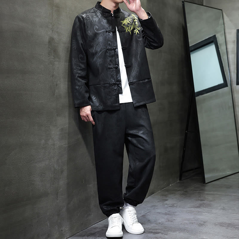 Buddha Stones 2-teiliges Frühlingsdrachen-Bambuswolken Herren Tang Anzug Froschknopf Baumwolle Langarm Jacke Hose Set mit Taschen - image 22