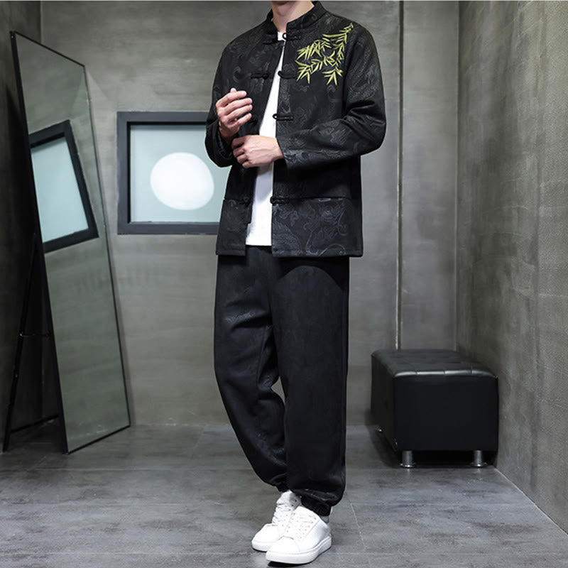 Buddha Stones 2-teiliges Frühlingsdrachen-Bambuswolken Herren Tang Anzug Froschknopf Baumwolle Langarm Jacke Hose Set mit Taschen - image 27