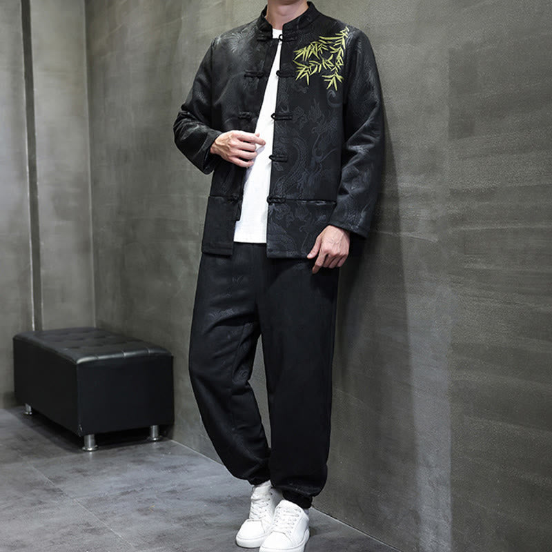 Buddha Stones 2-teiliges Frühlingsdrachen-Bambuswolken Herren Tang Anzug Froschknopf Baumwolle Langarm Jacke Hose Set mit Taschen - image 25