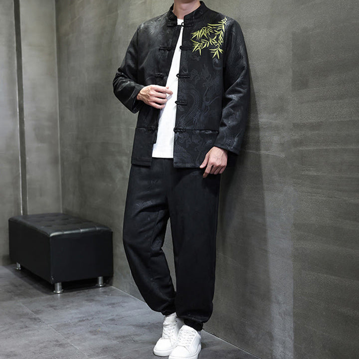 Buddha Stones 2-teiliges Frühlingsdrachen-Bambuswolken Herren Tang Anzug Froschknopf Baumwolle Langarm Jacke Hose Set mit Taschen - image 25