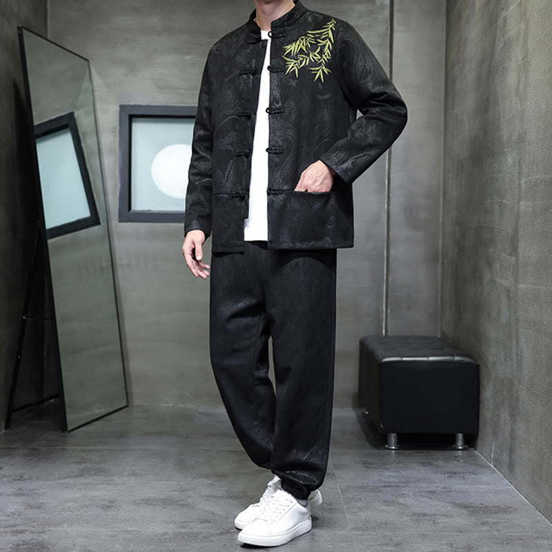 Buddha Stones 2-teiliges Frühlingsdrachen-Bambuswolken Herren Tang Anzug Froschknopf Baumwolle Langarm Jacke Hose Set mit Taschen - image 23