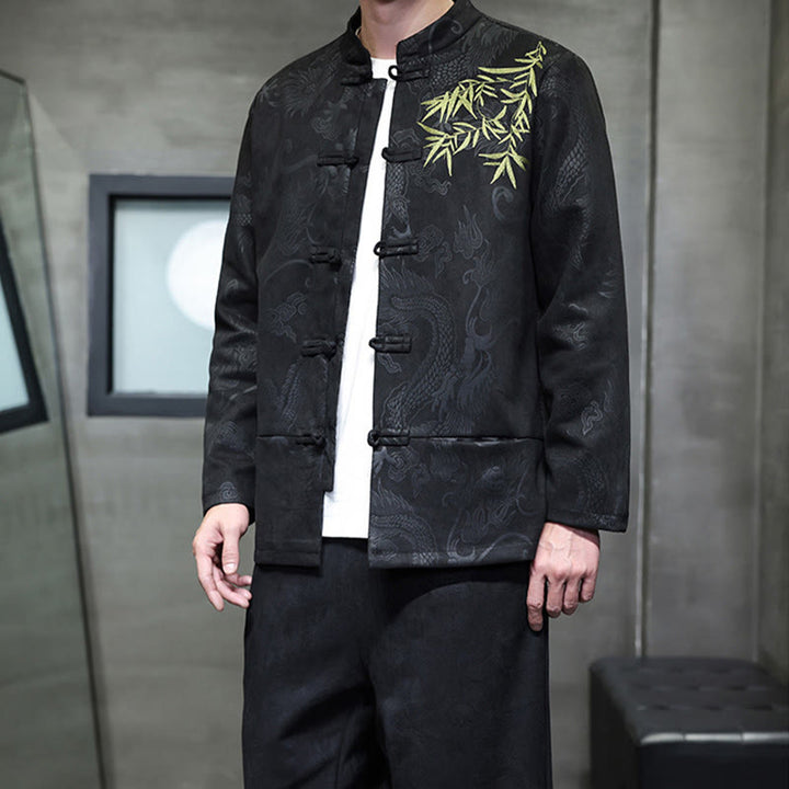 Buddha Stones 2-teiliges Frühlingsdrachen-Bambuswolken Herren Tang Anzug Froschknopf Baumwolle Langarm Jacke Hose Set mit Taschen - image 29