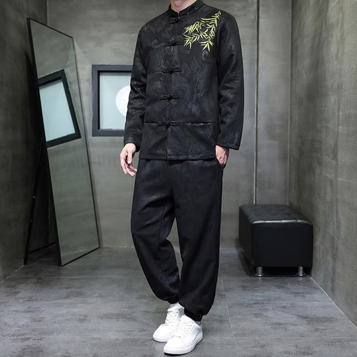 Buddha Stones 2-teiliges Frühlingsdrachen-Bambuswolken Herren Tang Anzug Froschknopf Baumwolle Langarm Jacke Hose Set mit Taschen - image 26