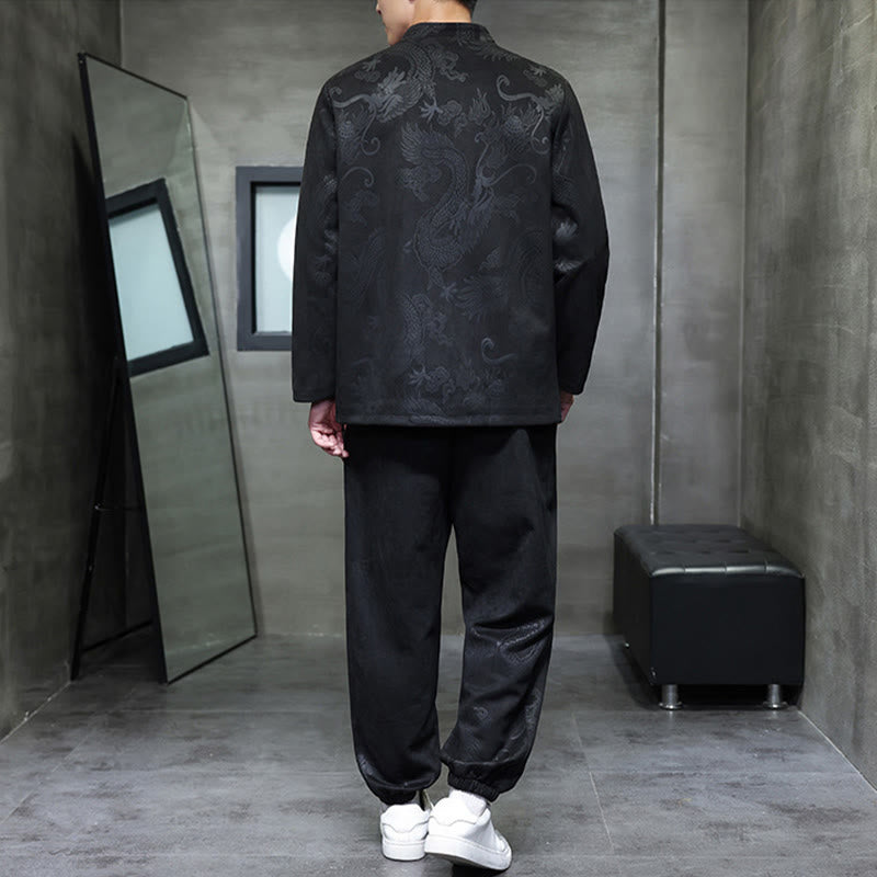 Buddha Stones 2-teiliges Frühlingsdrachen-Bambuswolken Herren Tang Anzug Froschknopf Baumwolle Langarm Jacke Hose Set mit Taschen - image 24