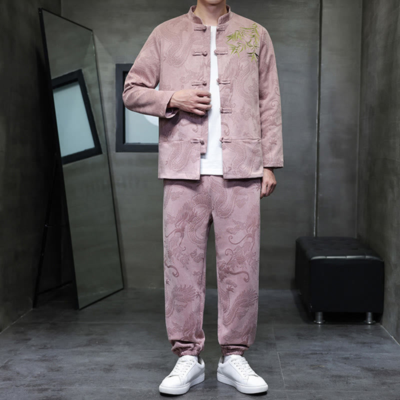 Buddha Stones 2-teiliges Frühlingsdrachen-Bambuswolken Herren Tang Anzug Froschknopf Baumwolle Langarm Jacke Hose Set mit Taschen - image 34