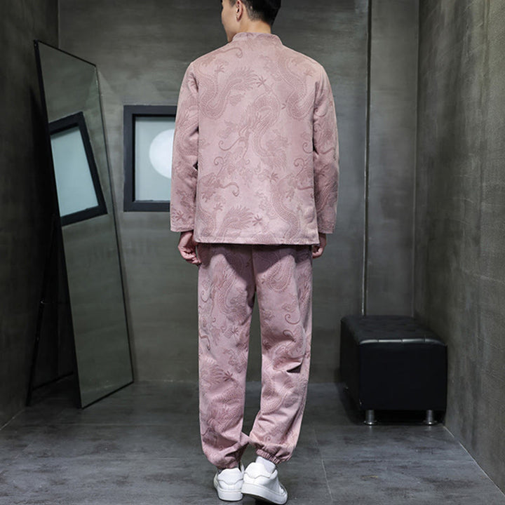 Buddha Stones 2-teiliges Frühlingsdrachen-Bambuswolken Herren Tang Anzug Froschknopf Baumwolle Langarm Jacke Hose Set mit Taschen - image 33