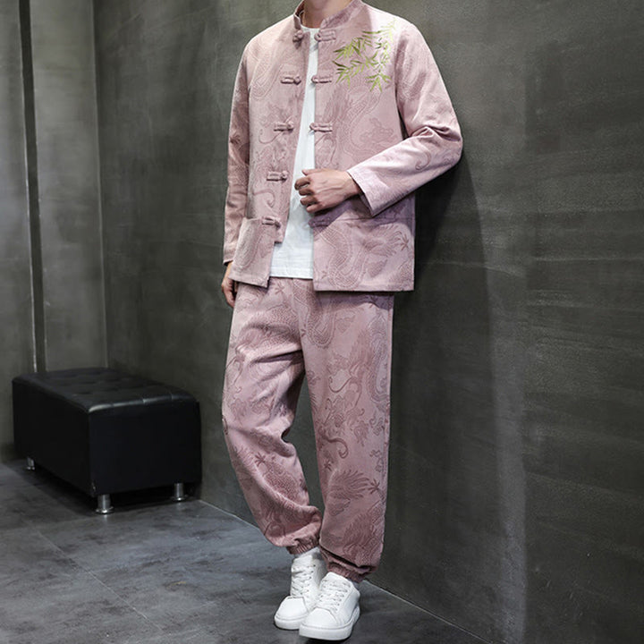 Buddha Stones 2-teiliges Frühlingsdrachen-Bambuswolken Herren Tang Anzug Froschknopf Baumwolle Langarm Jacke Hose Set mit Taschen - image 36