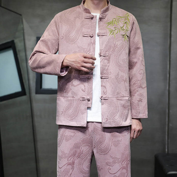 Buddha Stones 2-teiliges Frühlingsdrachen-Bambuswolken Herren Tang Anzug Froschknopf Baumwolle Langarm Jacke Hose Set mit Taschen - image 38