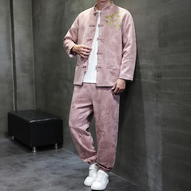 Buddha Stones 2-teiliges Frühlingsdrachen-Bambuswolken Herren Tang Anzug Froschknopf Baumwolle Langarm Jacke Hose Set mit Taschen - image 32