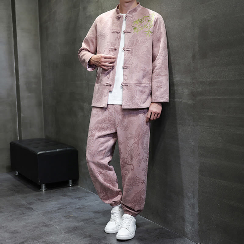 Buddha Stones 2-teiliges Frühlingsdrachen-Bambuswolken Herren Tang Anzug Froschknopf Baumwolle Langarm Jacke Hose Set mit Taschen - image 35