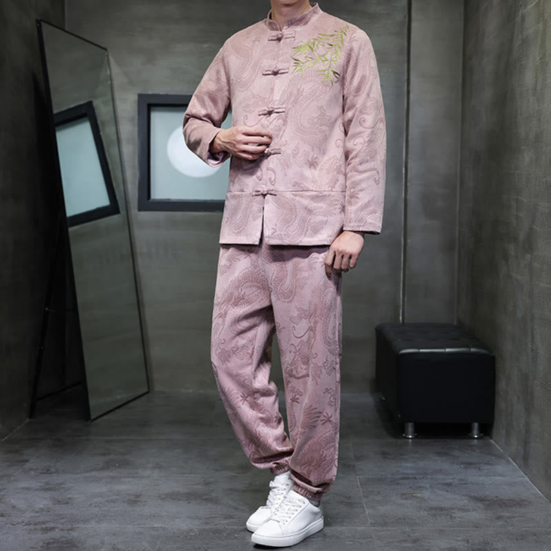 Buddha Stones 2-teiliges Frühlingsdrachen-Bambuswolken Herren Tang Anzug Froschknopf Baumwolle Langarm Jacke Hose Set mit Taschen - image 37