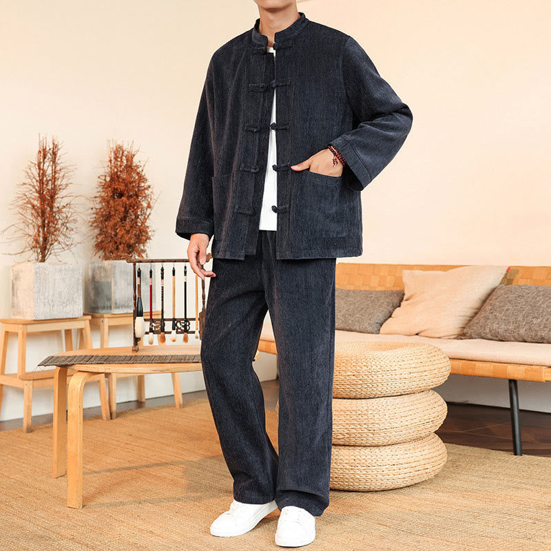 Buddha Stones 2-teiliger Winteranzug für Herren, dick, Tang-Stil, Froschknopf, Baumwollcord, Langarmjacke und Hose mit Taschen - image 1