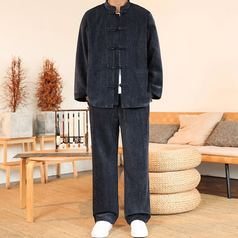 Buddha Stones 2-teiliger Winteranzug für Herren, dick, Tang-Stil, Froschknopf, Baumwollcord, Langarmjacke und Hose mit Taschen - Schiefergrau - US/ UK/AU46, EU56 (5XL) - image 0