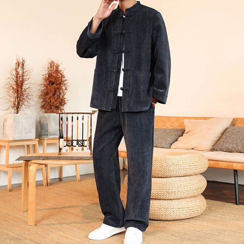 Buddha Stones 2-teiliger Winteranzug für Herren, dick, Tang-Stil, Froschknopf, Baumwollcord, Langarmjacke und Hose mit Taschen - image 3